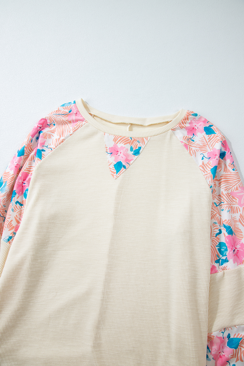 Plus Size Floral Patchwork Ribbed Puff Sleeve Top - Apricot - Detail View 11 Plus Size Floral Patchwork Ribbed Puff Sleeve Top - Apricot - Detail View 11