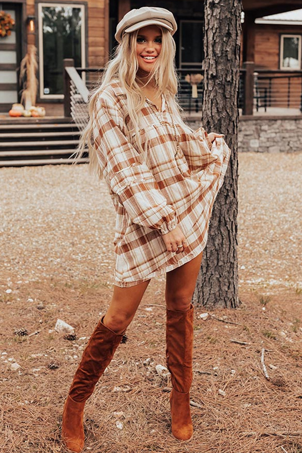 Charming Brown Plaid Mini Dress - Frilled Details and Side Pockets for Style and Function - Detail View 6 Charming Brown Plaid Mini Dress - Frilled Details and Side Pockets for Style and Function - Detail View 6