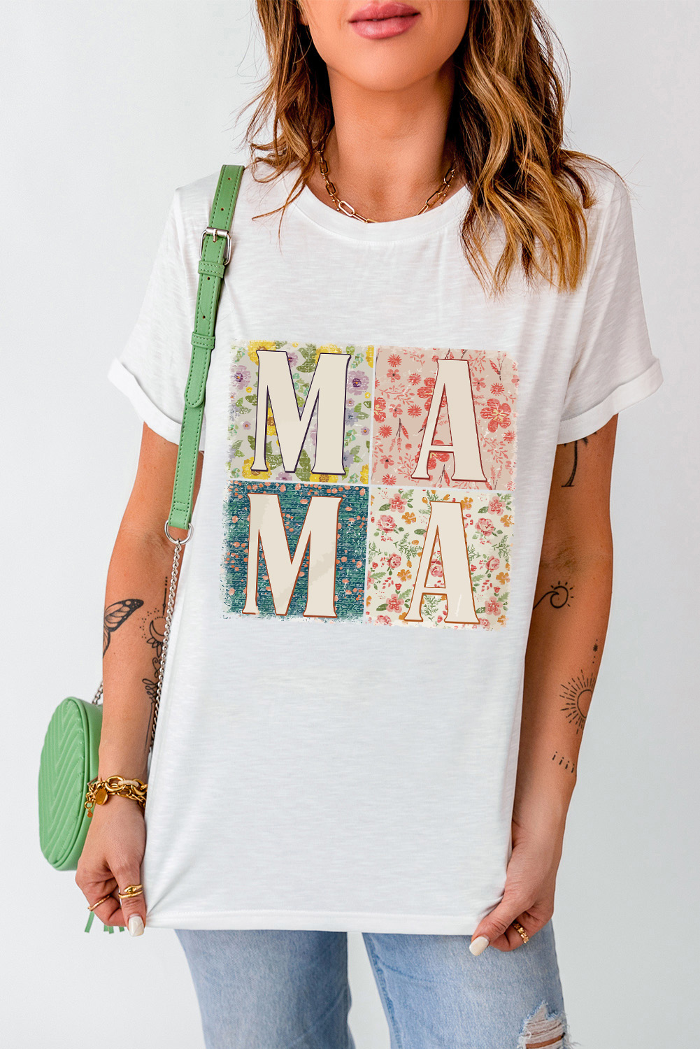 Stylish Short Sleeve Tee: White MAMA Floral Design - Detail View 7 Stylish Short Sleeve Tee: White MAMA Floral Design - Detail View 7