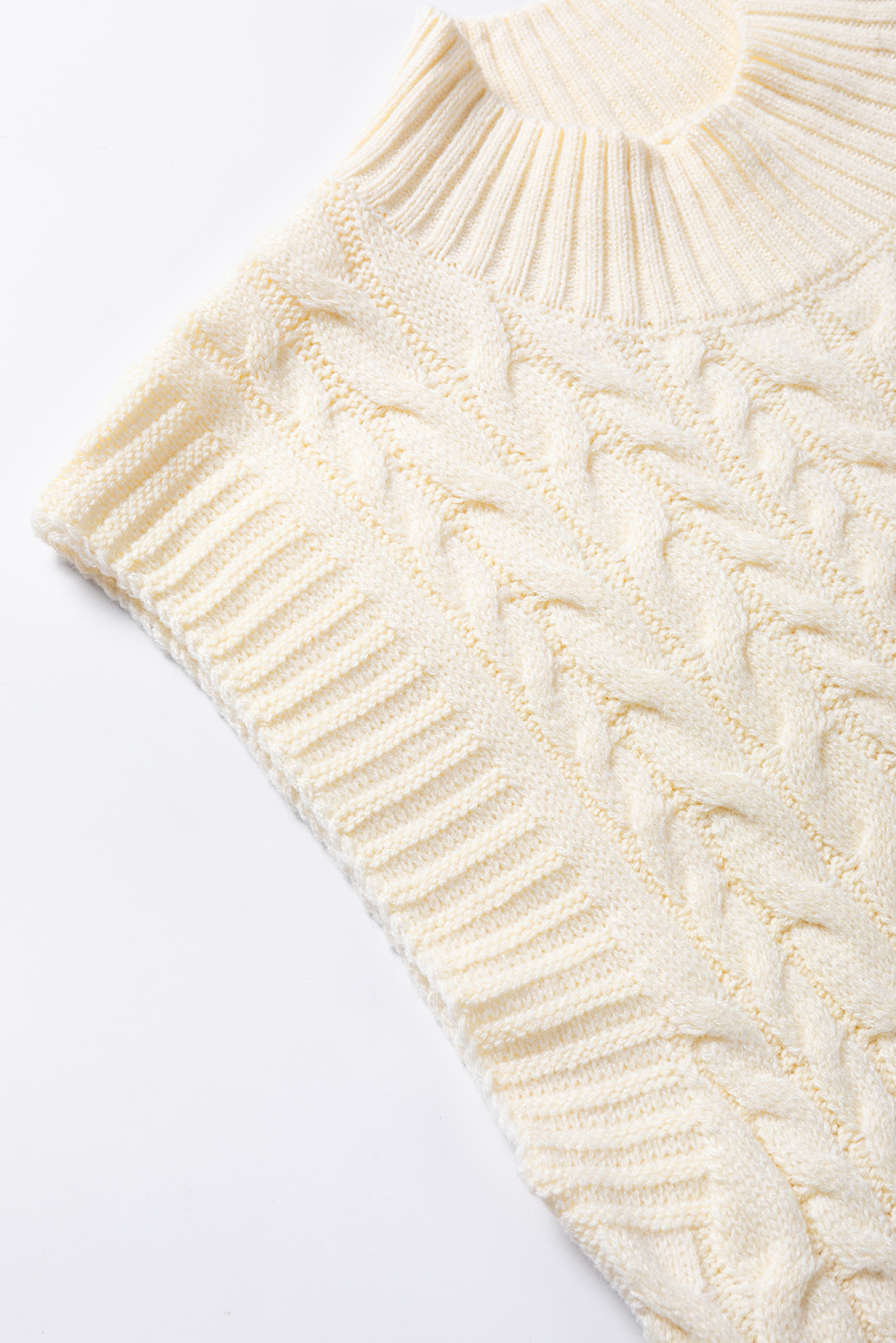 Women's Oatmeal Cable Knit Vest, Sleeveless High Neck Top - Detail View 13 Women's Oatmeal Cable Knit Vest, Sleeveless High Neck Top - Detail View 13