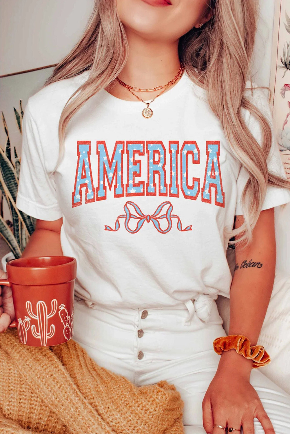 Patriotic Casual Tee with Bow Knot Print and Crew Neck - White - Detail View 2 Patriotic Casual Tee with Bow Knot Print and Crew Neck - White - Detail View 2