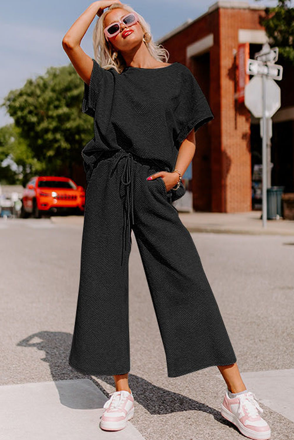 Black Ribbed Two Piece Set, Loose Fit Top And Wide Leg Pants - Detail View 5 Black Ribbed Two Piece Set, Loose Fit Top And Wide Leg Pants - Detail View 5