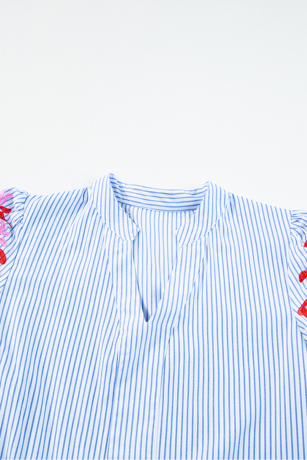 Women's Dress, Sky Blue Stripe, Puff Sleeve, Tiered Ruffle, Contrasting Pattern, Classic Style, Timeless Design, Mini Dress, High Waisted, Shift Silhouette, Embroidered Detail, Notched Neckline, Spring Summer Fashion, Daily Wear - Detail View 10 Women's Dress, Sky Blue Stripe, Puff Sleeve, Tiered Ruffle, Contrasting Pattern, Classic Style, Timeless Design, Mini Dress, High Waisted, Shift Silhouette, Embroidered Detail, Notched Neckline, Spring Summer Fashion, Daily Wear - Detail View 10