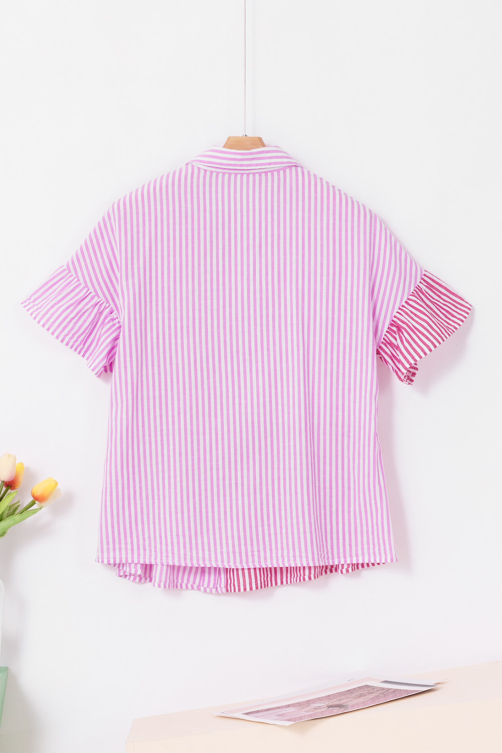 Women's Pink Stripe Blouse, Ruffled Patchwork Button Down - Detail View 7 Women's Pink Stripe Blouse, Ruffled Patchwork Button Down - Detail View 7