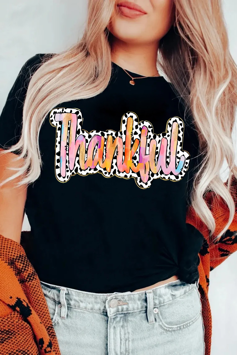 Casual Thankful Graphic Tee with Unique Cow Print Design for Women - Detail View 2 Casual Thankful Graphic Tee with Unique Cow Print Design for Women - Detail View 2