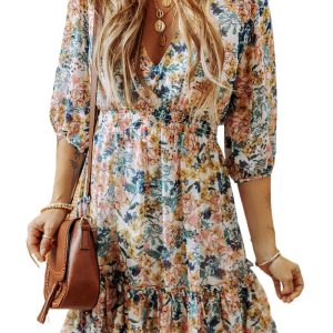 Women's Sky Blue Floral 3/4 Sleeve V Neck High Waist Ruffled Dress - Main View