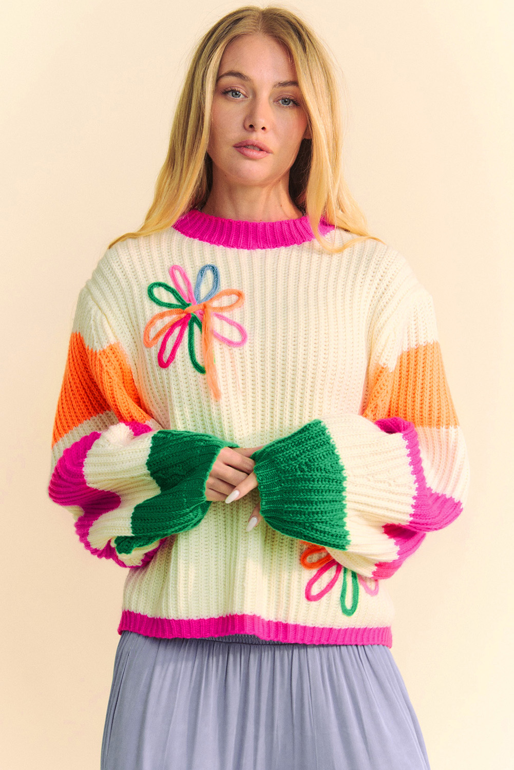 Chic and Cozy Beige Cable Knit Sweater with Floral Colorblock Design - Detail View 6 Chic and Cozy Beige Cable Knit Sweater with Floral Colorblock Design - Detail View 6