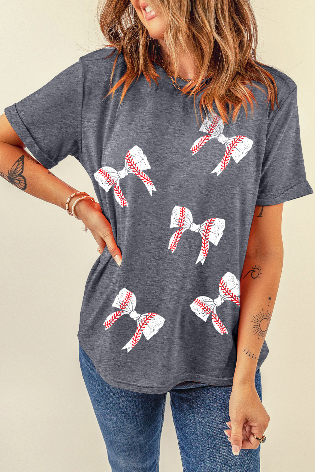 Women's Gray Rugby Bow Knot Print Crewneck T-Shirt - Detail View 6 Women's Gray Rugby Bow Knot Print Crewneck T-Shirt - Detail View 6
