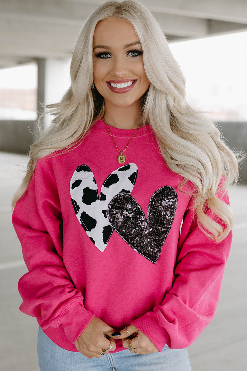Pink Graphic Crewneck Sweatshirt, Double Heart Sequin Detail - Detail View 6 Pink Graphic Crewneck Sweatshirt, Double Heart Sequin Detail - Detail View 6