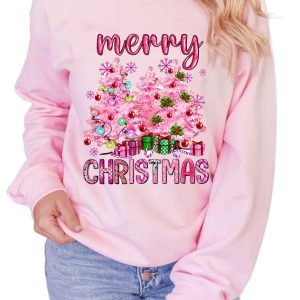 Women's Christmas Pullover Sweatshirt - Pink Merry Christmas Graphic - Main View