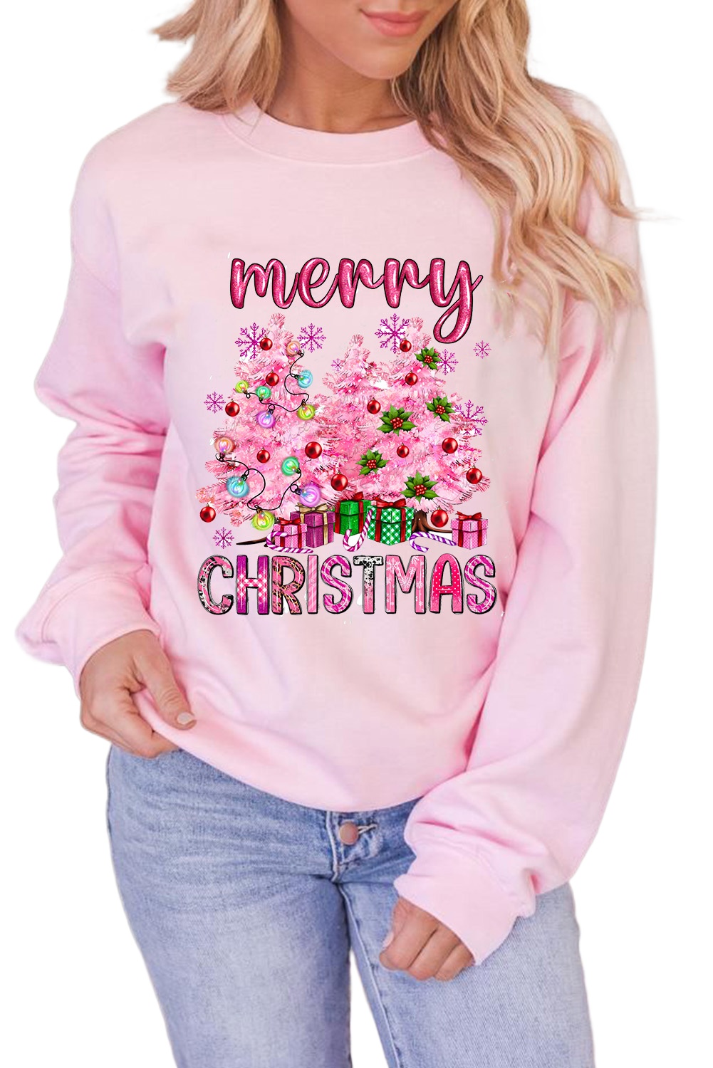 Women's Christmas Pullover Sweatshirt - Pink Merry Christmas Graphic - Main View Women's Christmas Pullover Sweatshirt - Pink Merry Christmas Graphic - Main View
