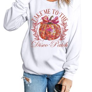 Women's Beige Disco Ball Pumpkin Print Pullover Sweatshirt - Main View