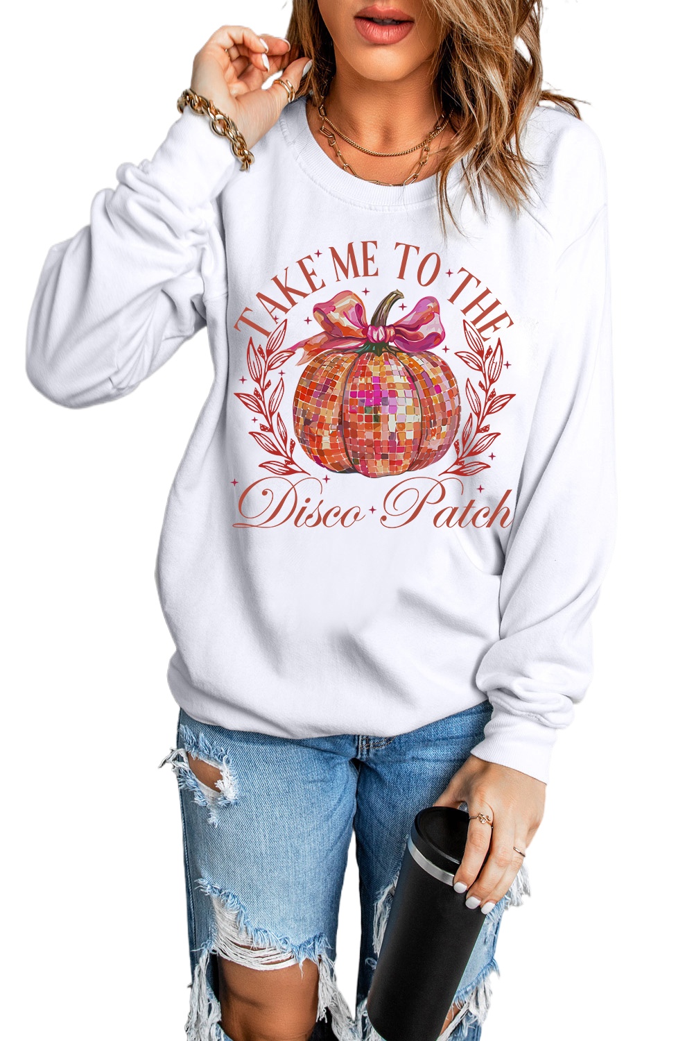 Women's Beige Disco Ball Pumpkin Print Pullover Sweatshirt - Main View Women's Beige Disco Ball Pumpkin Print Pullover Sweatshirt - Main View