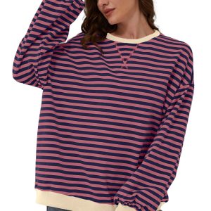 Women's Red Stripe Oversized Pullover Sweatshirt with Contrast Trim - Main View