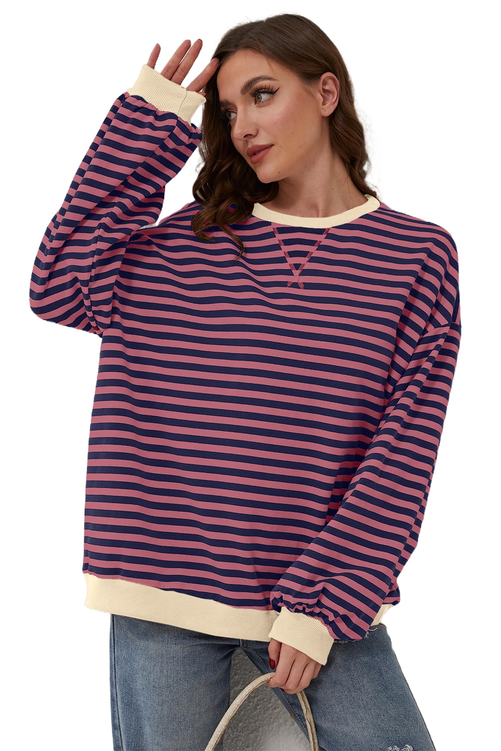 Women's Red Stripe Oversized Pullover Sweatshirt with Contrast Trim - Main View Women's Red Stripe Oversized Pullover Sweatshirt with Contrast Trim - Main View