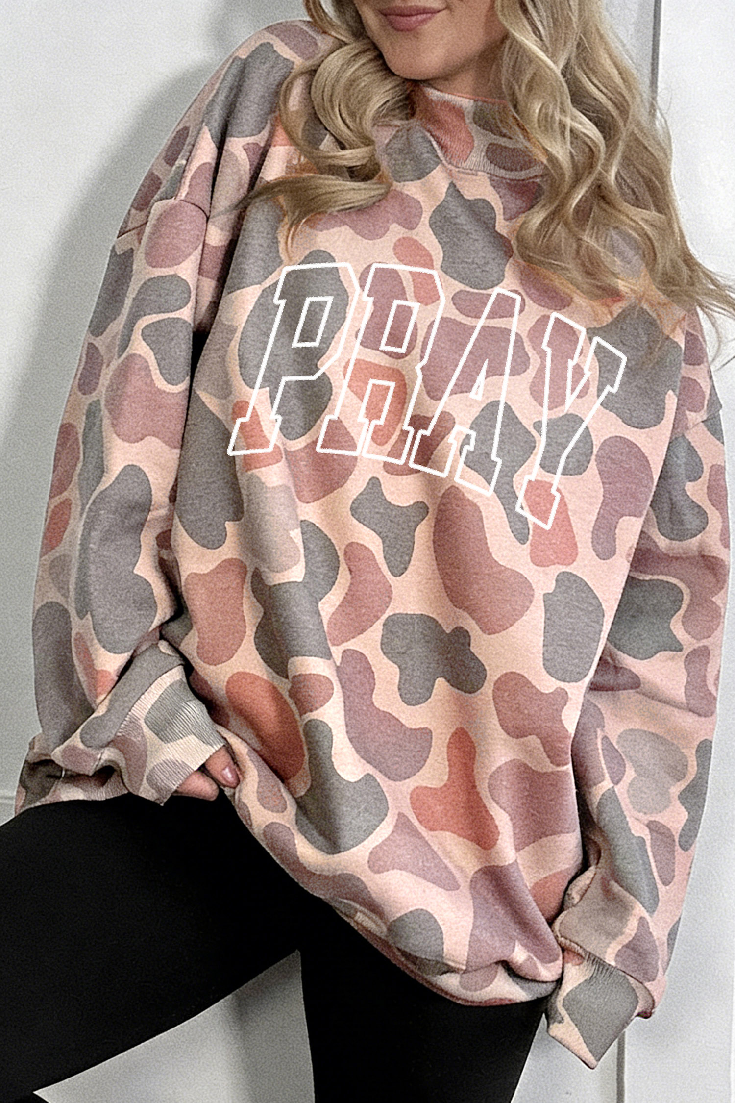 Cozy Women's Polyester Sweatshirt, Camo Stand Neck Pullover - Detail View 3 Cozy Women's Polyester Sweatshirt, Camo Stand Neck Pullover - Detail View 3