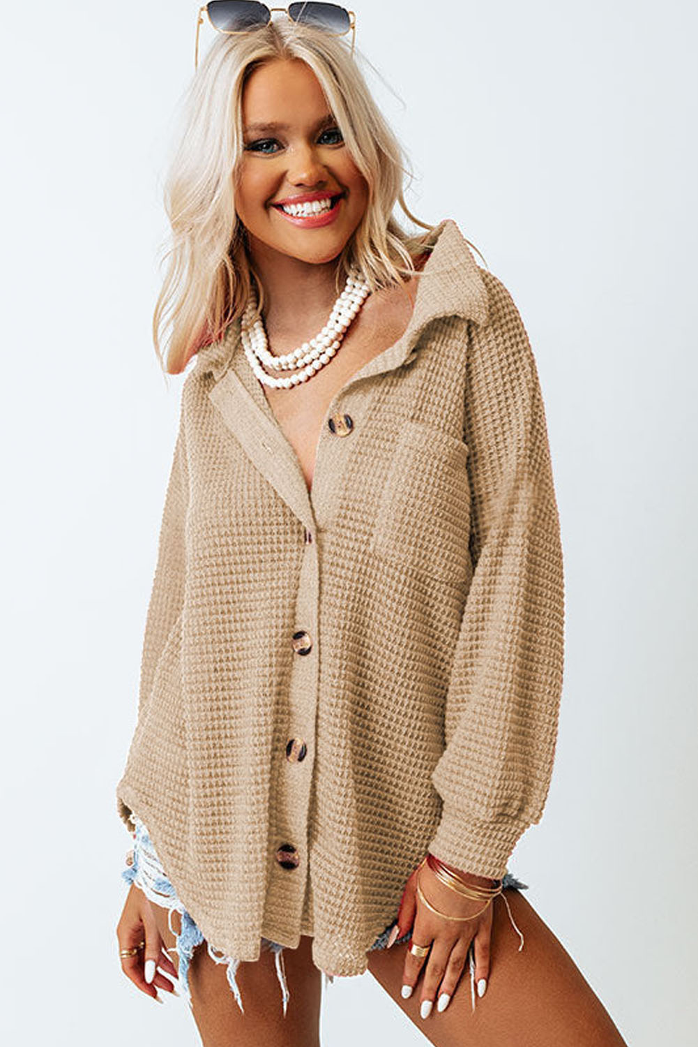 Women's Textured Waffle Shirt, Khaki Casual Pocket Top - Detail View 6 Women's Textured Waffle Shirt, Khaki Casual Pocket Top - Detail View 6