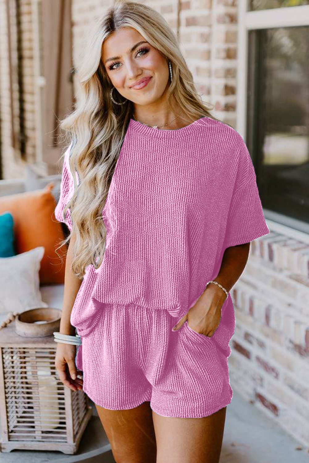 Casual Ribbed Tee and Shorts, Comfortable Women's Summer Set - Detail View 6 Casual Ribbed Tee and Shorts, Comfortable Women's Summer Set - Detail View 6