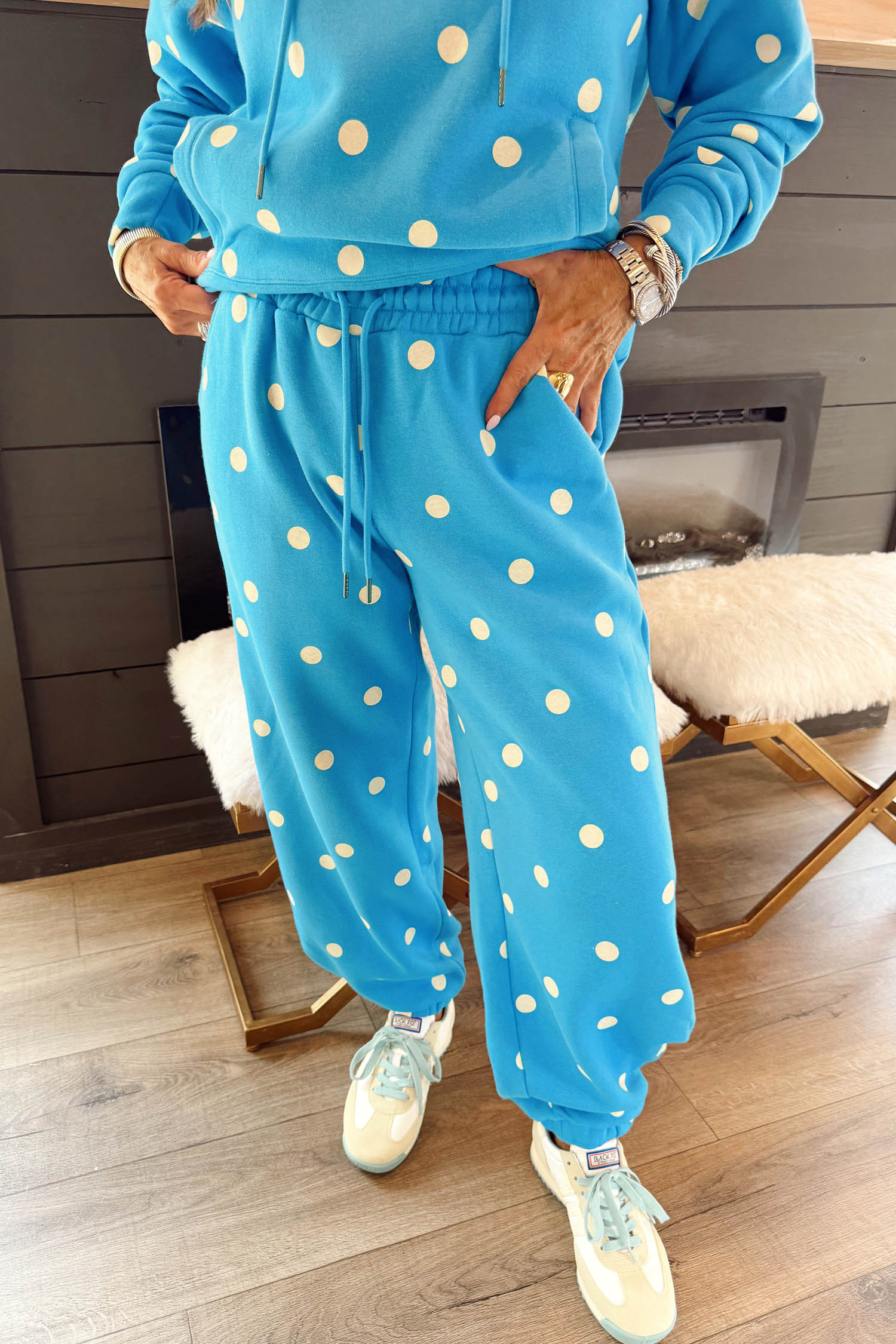 Women's Polka Dot Jogger Set, Casual Hooded Long Sleeve Fit - Detail View 7 Women's Polka Dot Jogger Set, Casual Hooded Long Sleeve Fit - Detail View 7