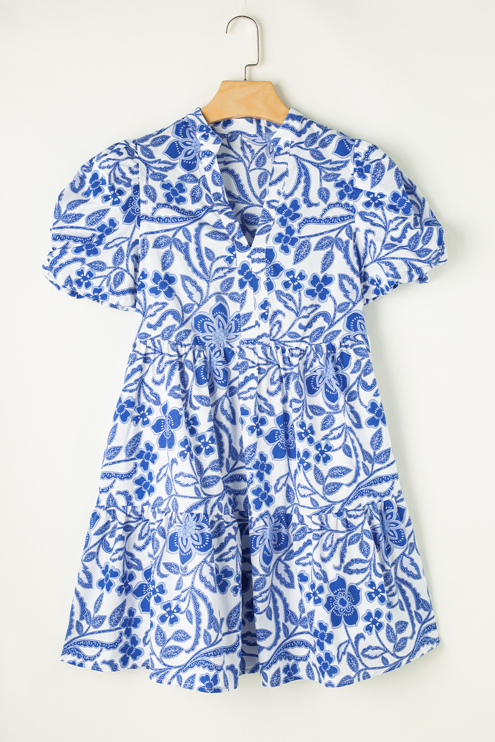 Eye-Catching Short Sleeve Dress: Blue Flower Print with Flowy Puff Sleeves - Detail View 7 Eye-Catching Short Sleeve Dress: Blue Flower Print with Flowy Puff Sleeves - Detail View 7