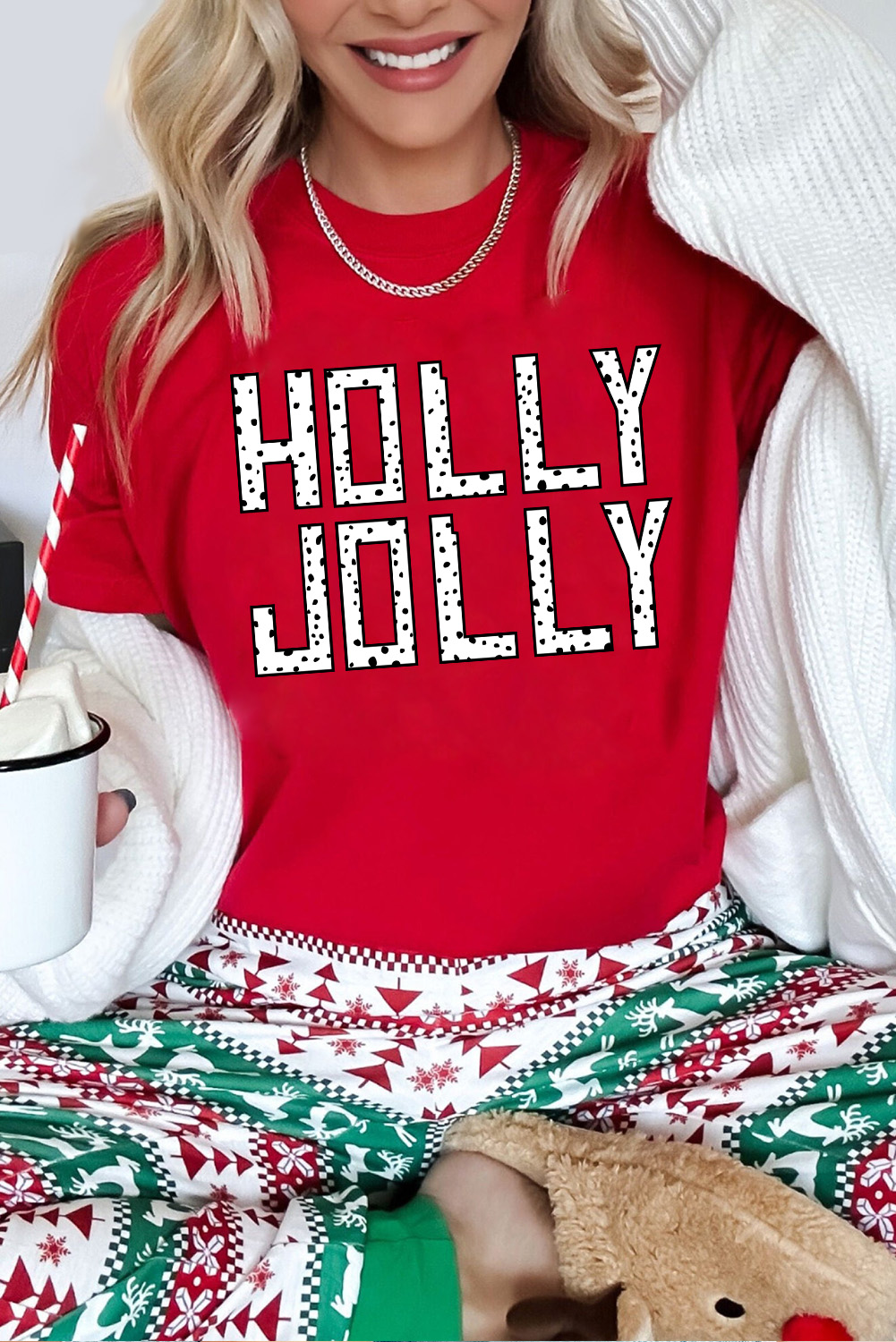 Trendy Holiday Graphic Tee: Comfortable Round Neck with PLAYFUL 'HOLLY JOLLY' Design - Detail View 2 Trendy Holiday Graphic Tee: Comfortable Round Neck with PLAYFUL 'HOLLY JOLLY' Design - Detail View 2