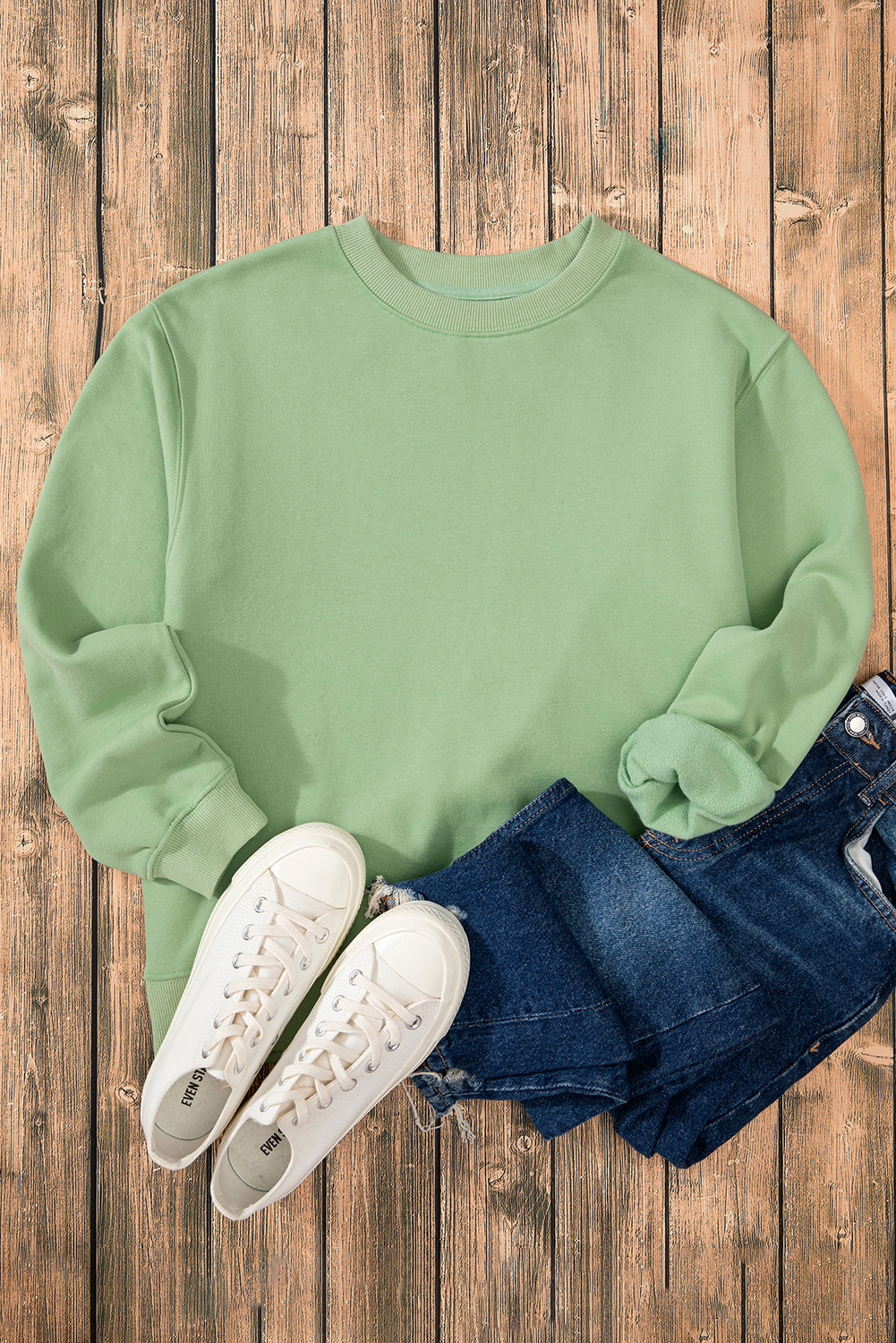 Cozy Winter Sweatshirt: Smoke Green Solid Color with Fleece Lining and Drop Shoulder - Detail View 7 Cozy Winter Sweatshirt: Smoke Green Solid Color with Fleece Lining and Drop Shoulder - Detail View 7