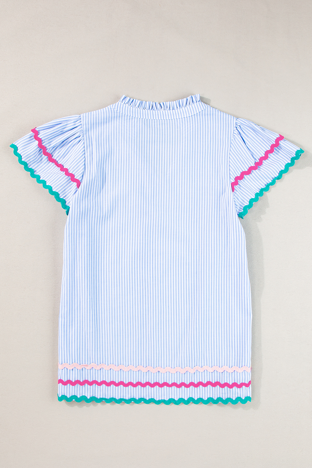 Feminine Short Sleeve Blouse: Sky Blue Stripe with V-Neck and Ruffled Sleeves - Detail View 7 Feminine Short Sleeve Blouse: Sky Blue Stripe with V-Neck and Ruffled Sleeves - Detail View 7