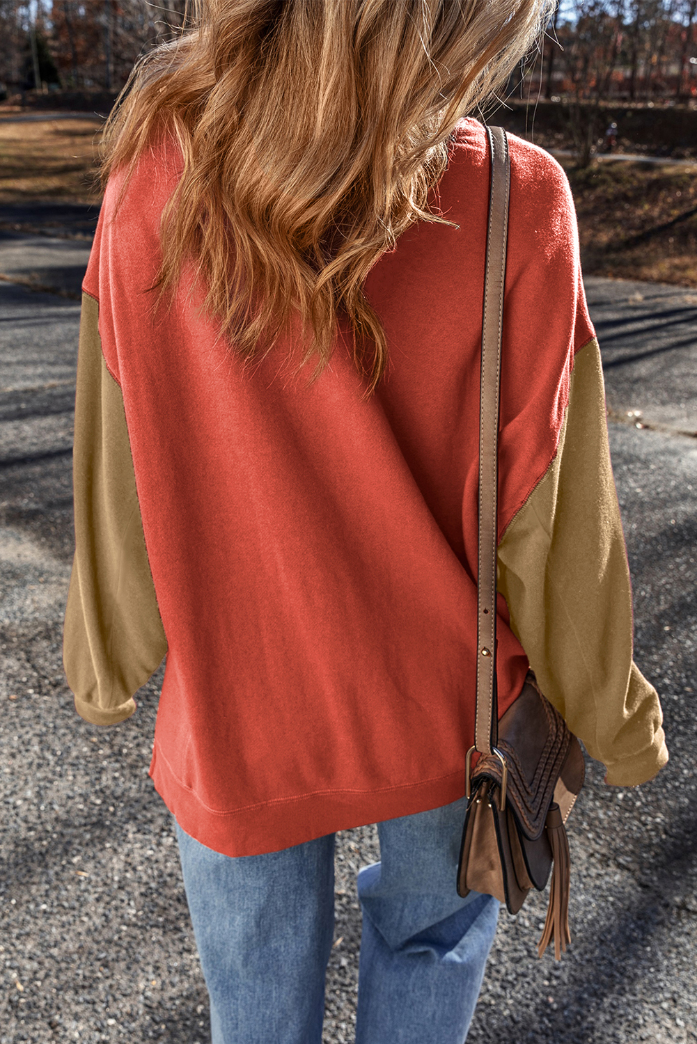 Relaxed Fit Pullover Sweatshirt with Patchwork Design - Perfect for Casual Daily Wear - Detail View 3 Relaxed Fit Pullover Sweatshirt with Patchwork Design - Perfect for Casual Daily Wear - Detail View 3