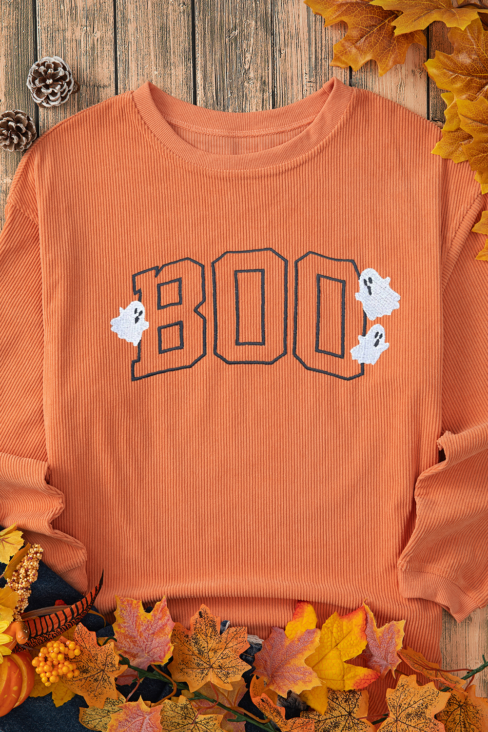 Women's Sweatshirt, Orange, Embroidered Ghost, BOO Message, Halloween Apparel, Cozy, Casual Style, Long Sleeve, Round Neck, Spooky Design, Graphic Sweatshirts, Comfortable, Daily Wear, Unique Halloween Fashion, Winter Season - Detail View 8 Women's Sweatshirt, Orange, Embroidered Ghost, BOO Message, Halloween Apparel, Cozy, Casual Style, Long Sleeve, Round Neck, Spooky Design, Graphic Sweatshirts, Comfortable, Daily Wear, Unique Halloween Fashion, Winter Season - Detail View 8