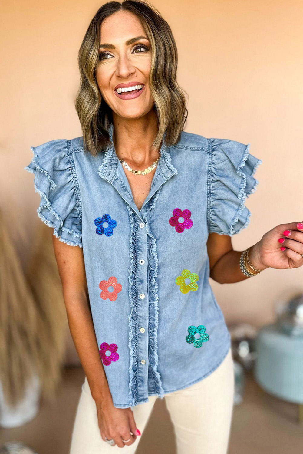 Women's Denim Ruffle Top, Sequin Floral Casual Button Down - Detail View 7 Women's Denim Ruffle Top, Sequin Floral Casual Button Down - Detail View 7