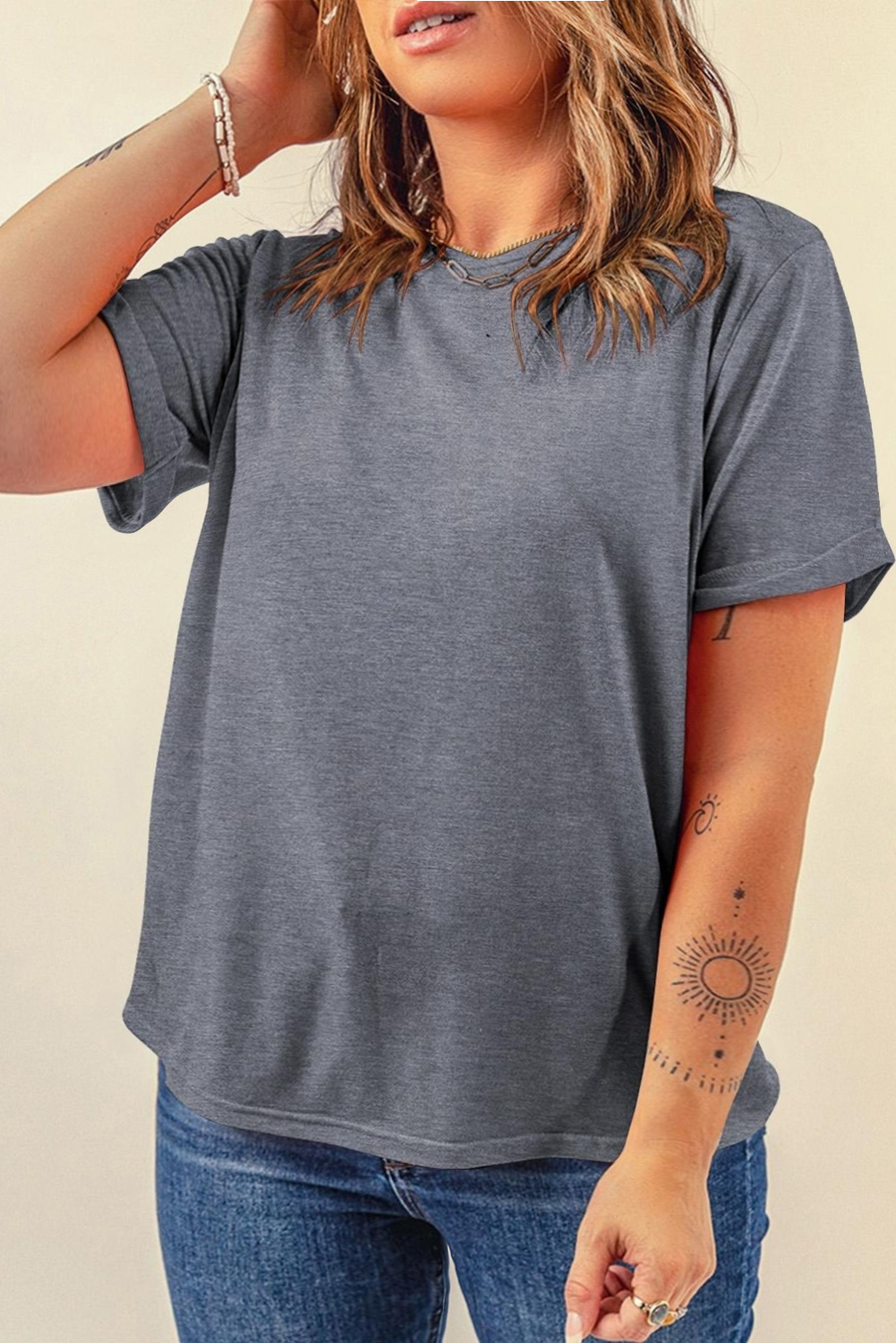Soft Gray Casual T-Shirt, Women's Round Neck Summer Shirt - Detail View 5 Soft Gray Casual T-Shirt, Women's Round Neck Summer Shirt - Detail View 5