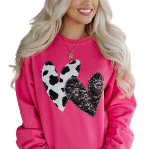 Women's Strawberry Pink Sweatshirt, Sequin Heart Graphic - Main View