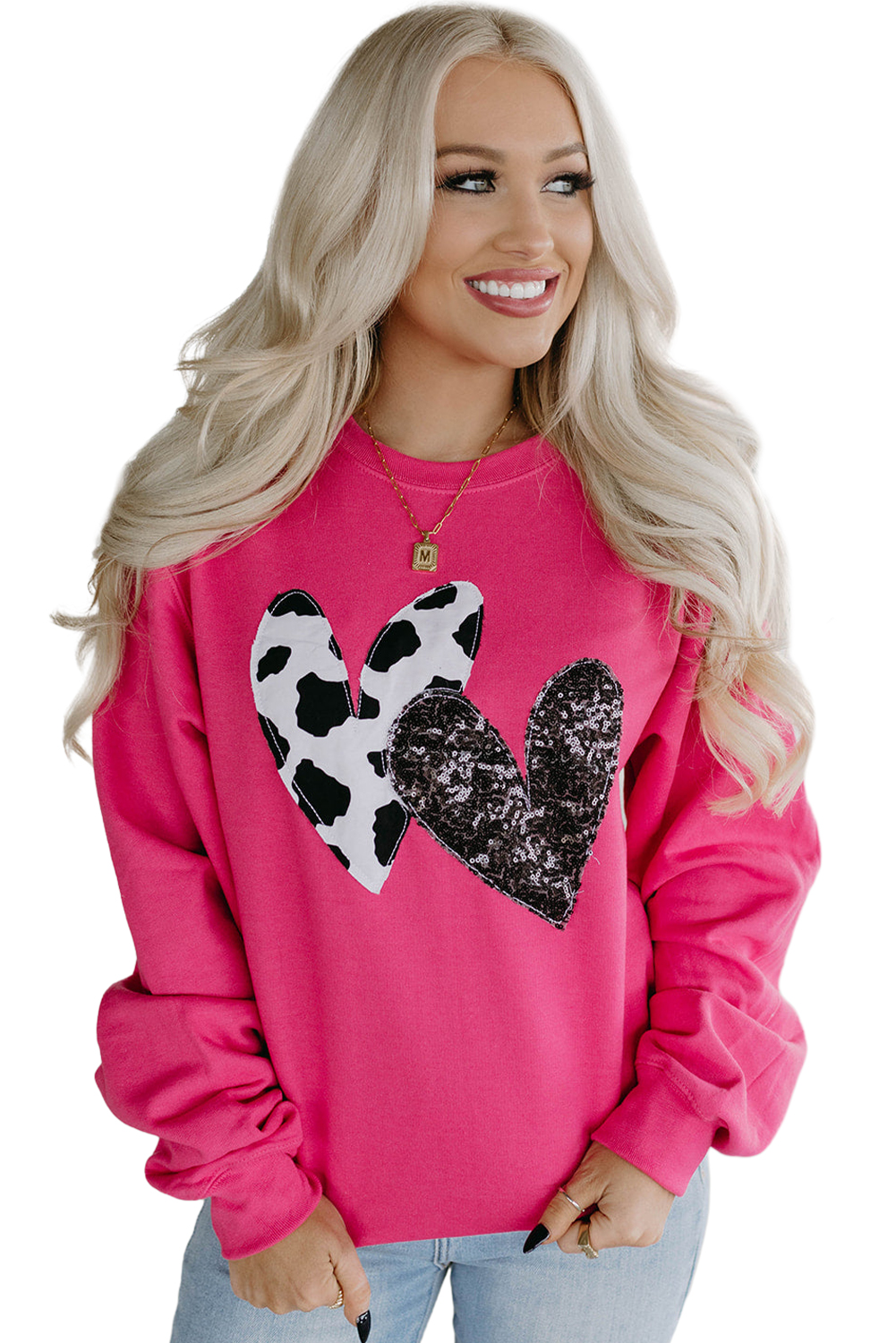 Women's Strawberry Pink Sweatshirt, Sequin Heart Graphic - Main View Women's Strawberry Pink Sweatshirt, Sequin Heart Graphic - Main View