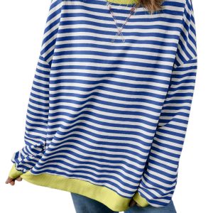 Women's Blue Stripe Oversized Contrast Trim Pullover Sweatshirt - Main View