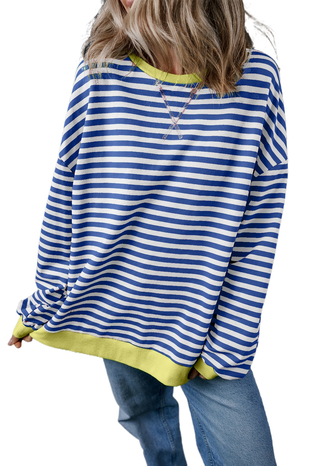 Women's Blue Stripe Oversized Contrast Trim Pullover Sweatshirt - Main View Women's Blue Stripe Oversized Contrast Trim Pullover Sweatshirt - Main View