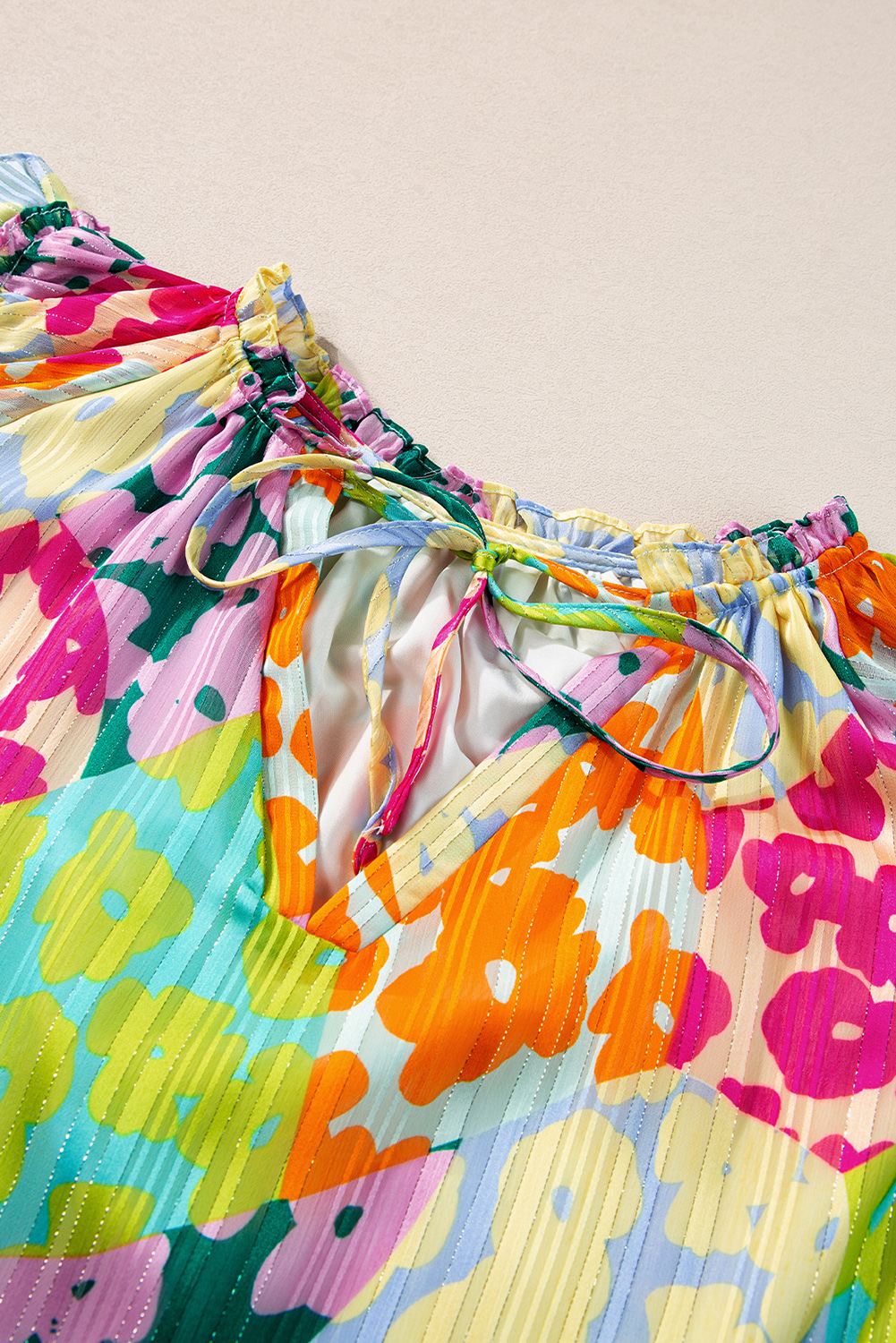 Elegant Multicolour Leopard Patchwork Blouse with Tie Split Neck - Detail View 8 Elegant Multicolour Leopard Patchwork Blouse with Tie Split Neck - Detail View 8