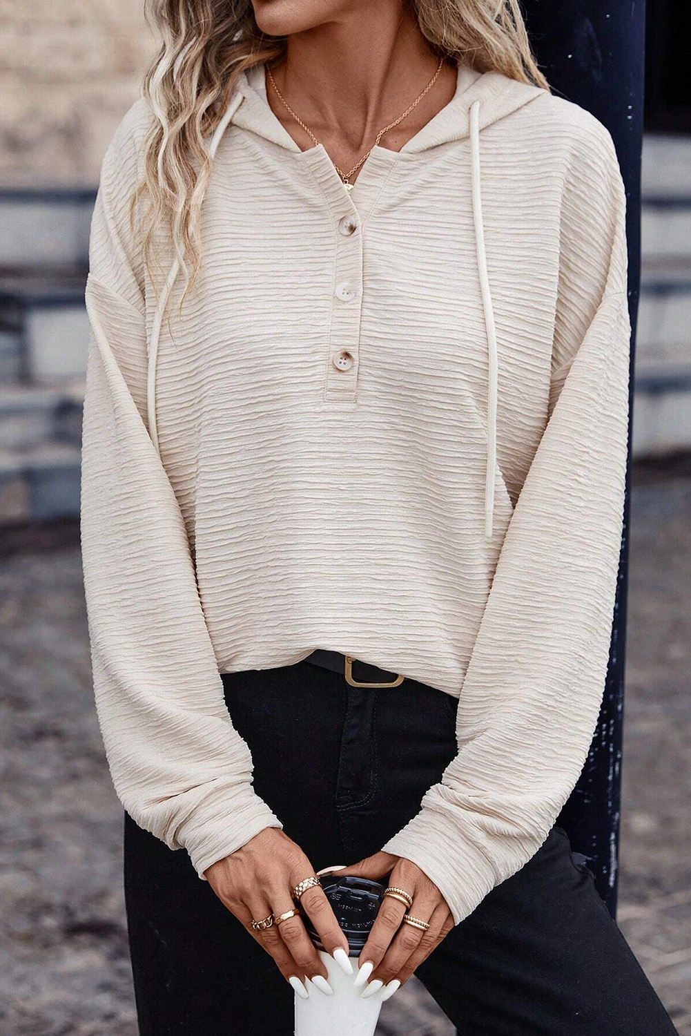 Casual Textured Hoodie, Women's Button Down Apricot Sweatshirt - Detail View 2 Casual Textured Hoodie, Women's Button Down Apricot Sweatshirt - Detail View 2