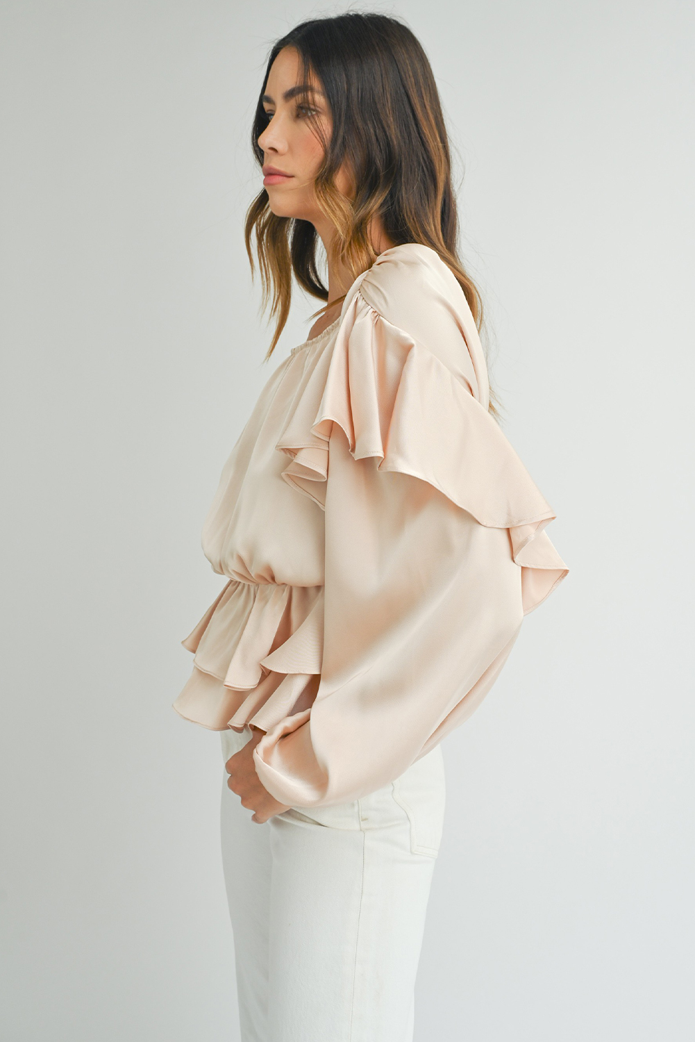 Women's Blouse, Oatmeal Color, Lace-up Detail, Keyhole Back, Ruffled Peplum, Long Sleeve, Elegant Style, Solid Color, Trendy Puff Sleeves, Feminine Silhouette, Office Wear, Date Night Top, Comfortable Fabric, Spring Fashion - Detail View 4 Women's Blouse, Oatmeal Color, Lace-up Detail, Keyhole Back, Ruffled Peplum, Long Sleeve, Elegant Style, Solid Color, Trendy Puff Sleeves, Feminine Silhouette, Office Wear, Date Night Top, Comfortable Fabric, Spring Fashion - Detail View 4