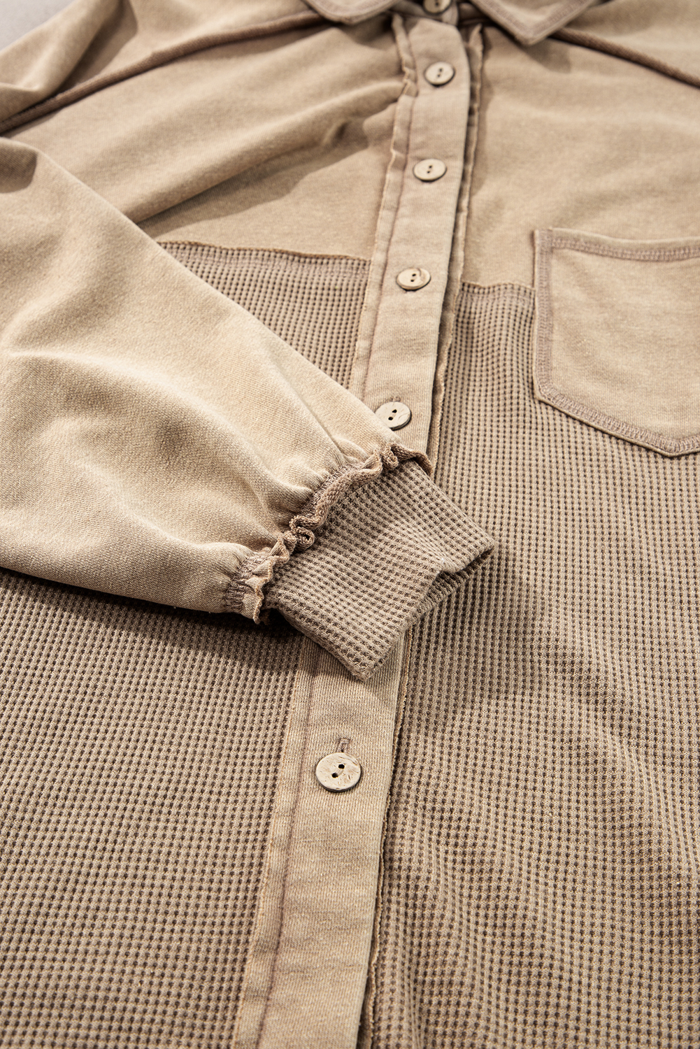 Women's Shacket, Goat Color, Mineral Wash, Textured Patchwork, Loose Fit, Vintage Style, Casual Wear, Long Sleeve, Button Closure, Drop Shoulder, Daily Wear, Outerwear, Jackets, Winter Fashion, Stylish, Comfortable - Detail View 16 Women's Shacket, Goat Color, Mineral Wash, Textured Patchwork, Loose Fit, Vintage Style, Casual Wear, Long Sleeve, Button Closure, Drop Shoulder, Daily Wear, Outerwear, Jackets, Winter Fashion, Stylish, Comfortable - Detail View 16