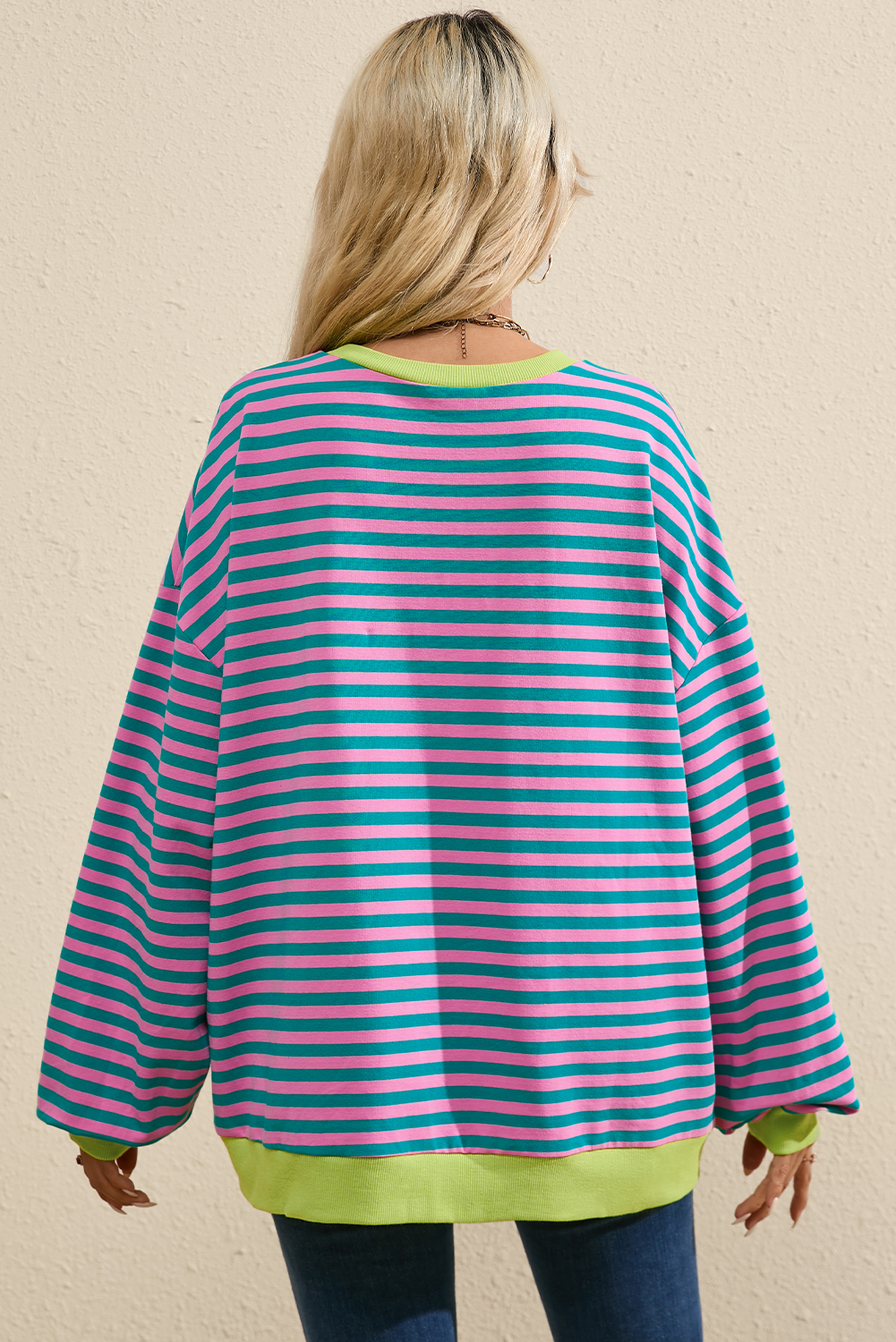 Women's Oversized Green Stripe Contrast Trim Pullover Sweatshirt - Detail View 11 Women's Oversized Green Stripe Contrast Trim Pullover Sweatshirt - Detail View 11