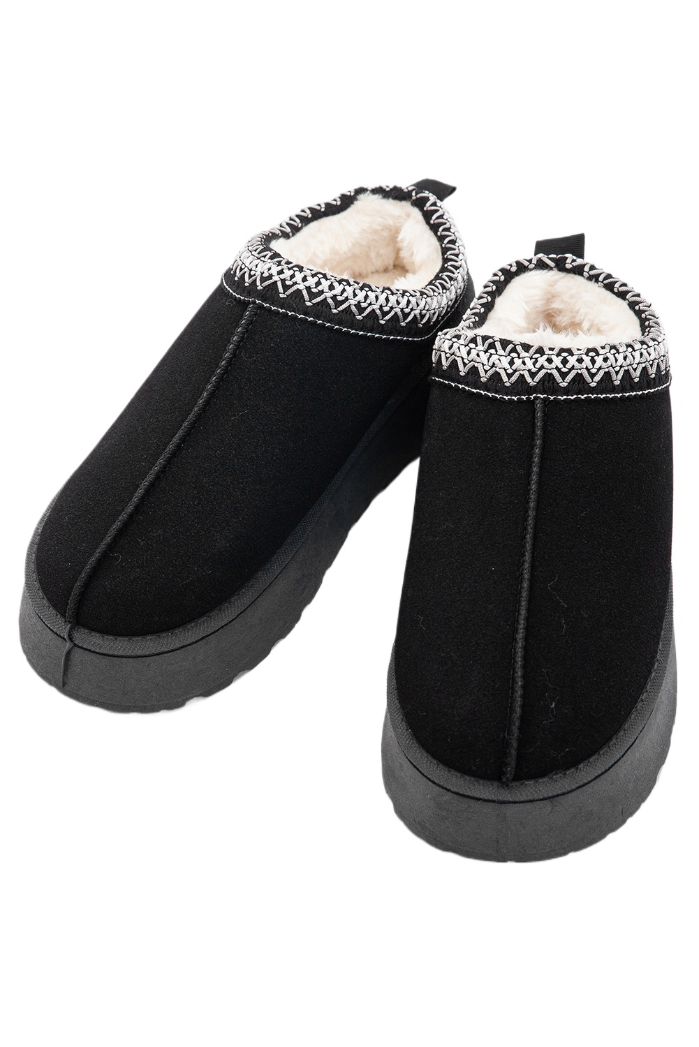 Women's Black Contrast Print Suede Plush Lined Snow Boots for Winter - Main View Women's Black Contrast Print Suede Plush Lined Snow Boots for Winter - Main View