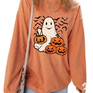 Women's Orange Halloween Ghost & Pumpkin Bat Print Pullover Sweatshirt - Main View