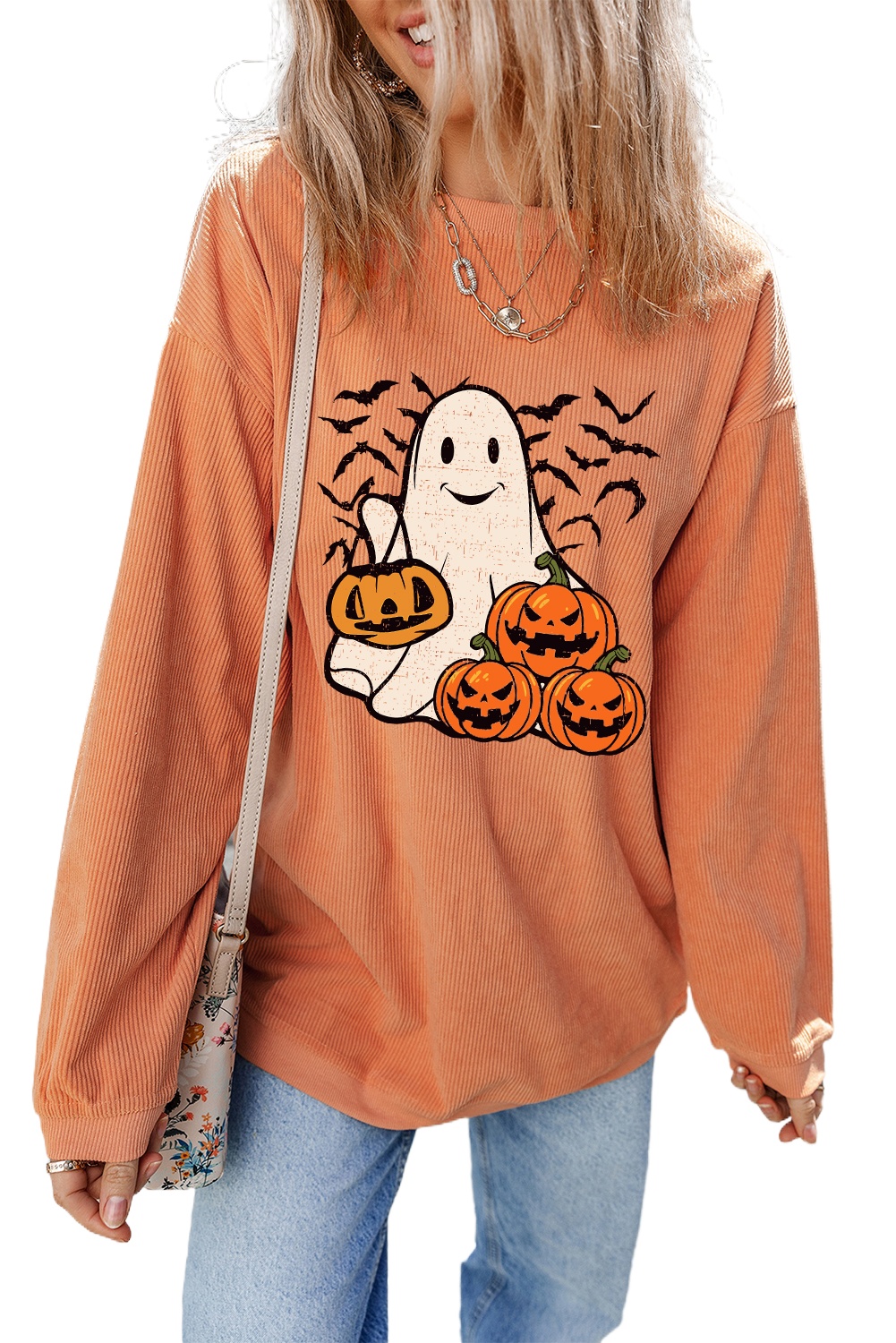 Women's Orange Halloween Ghost & Pumpkin Bat Print Pullover Sweatshirt - Main View Women's Orange Halloween Ghost & Pumpkin Bat Print Pullover Sweatshirt - Main View