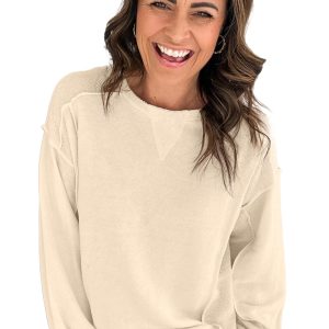 Women's Beige Splicing Round Neck Pullover Sweatshirt - Main View
