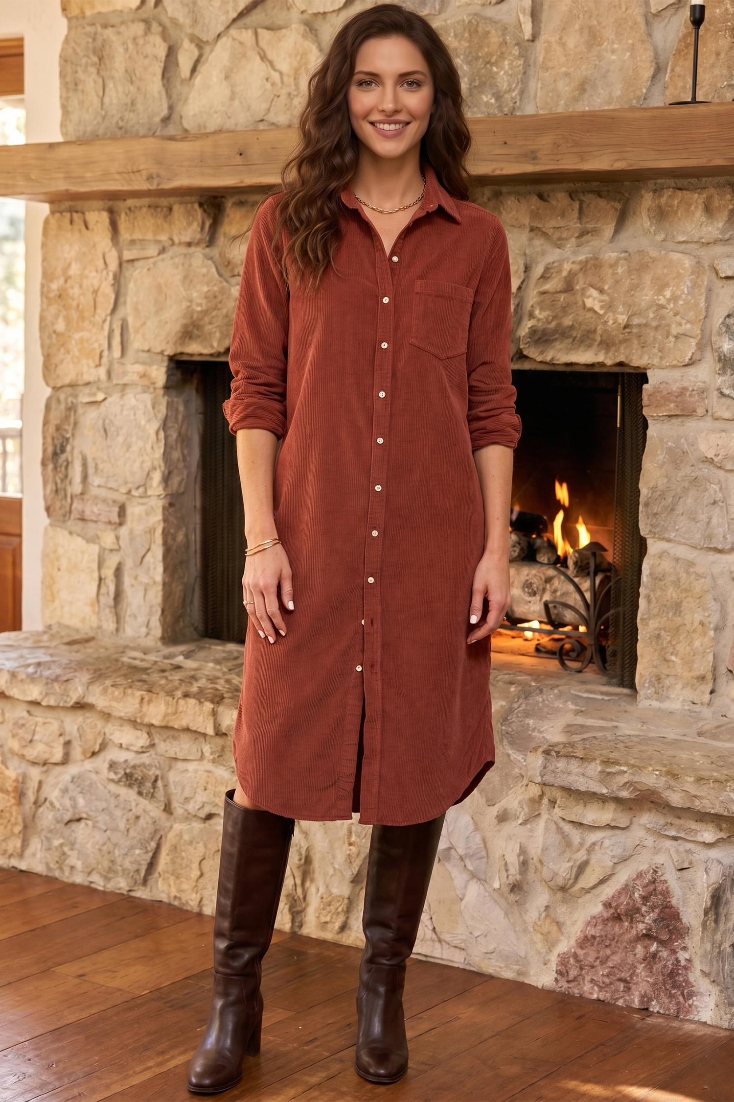 Clay Button Down Corduroy Dress, Autumn Long Sleeve Midi Fit - Detail View 5 Clay Button Down Corduroy Dress, Autumn Long Sleeve Midi Fit - Detail View 5