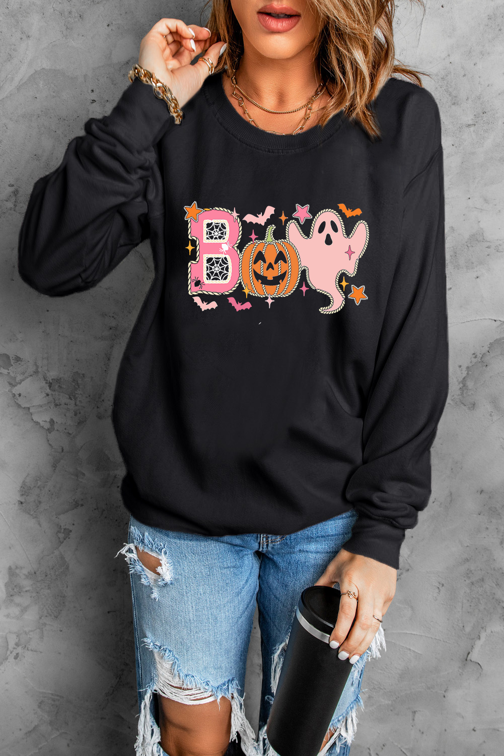 Women's Sweatshirt, Black, Halloween, BOO Print, Ghost Graphics, Crew Neck, Casual Style, Long Sleeve, Autumn Celebration, Graphic Sweatshirt, Relaxed Fit, Themed Parties, Comfortable, Daily Wear - Detail View 4 Women's Sweatshirt, Black, Halloween, BOO Print, Ghost Graphics, Crew Neck, Casual Style, Long Sleeve, Autumn Celebration, Graphic Sweatshirt, Relaxed Fit, Themed Parties, Comfortable, Daily Wear - Detail View 4