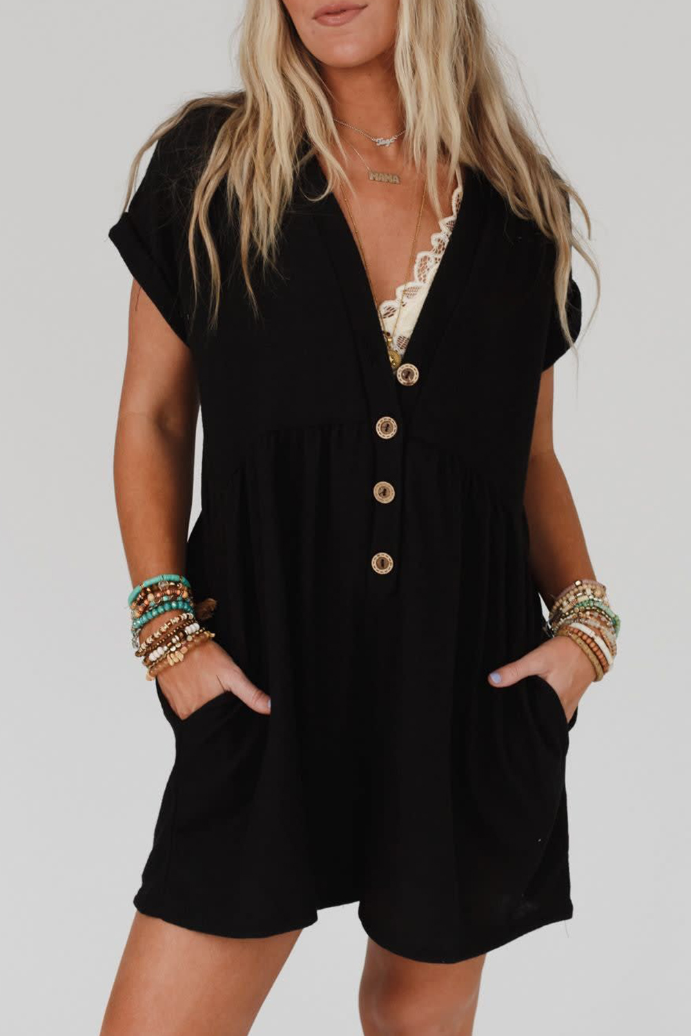 Women's V Neck Short Romper, Loose Casual Solid Black Playsuit - Detail View 2 Women's V Neck Short Romper, Loose Casual Solid Black Playsuit - Detail View 2