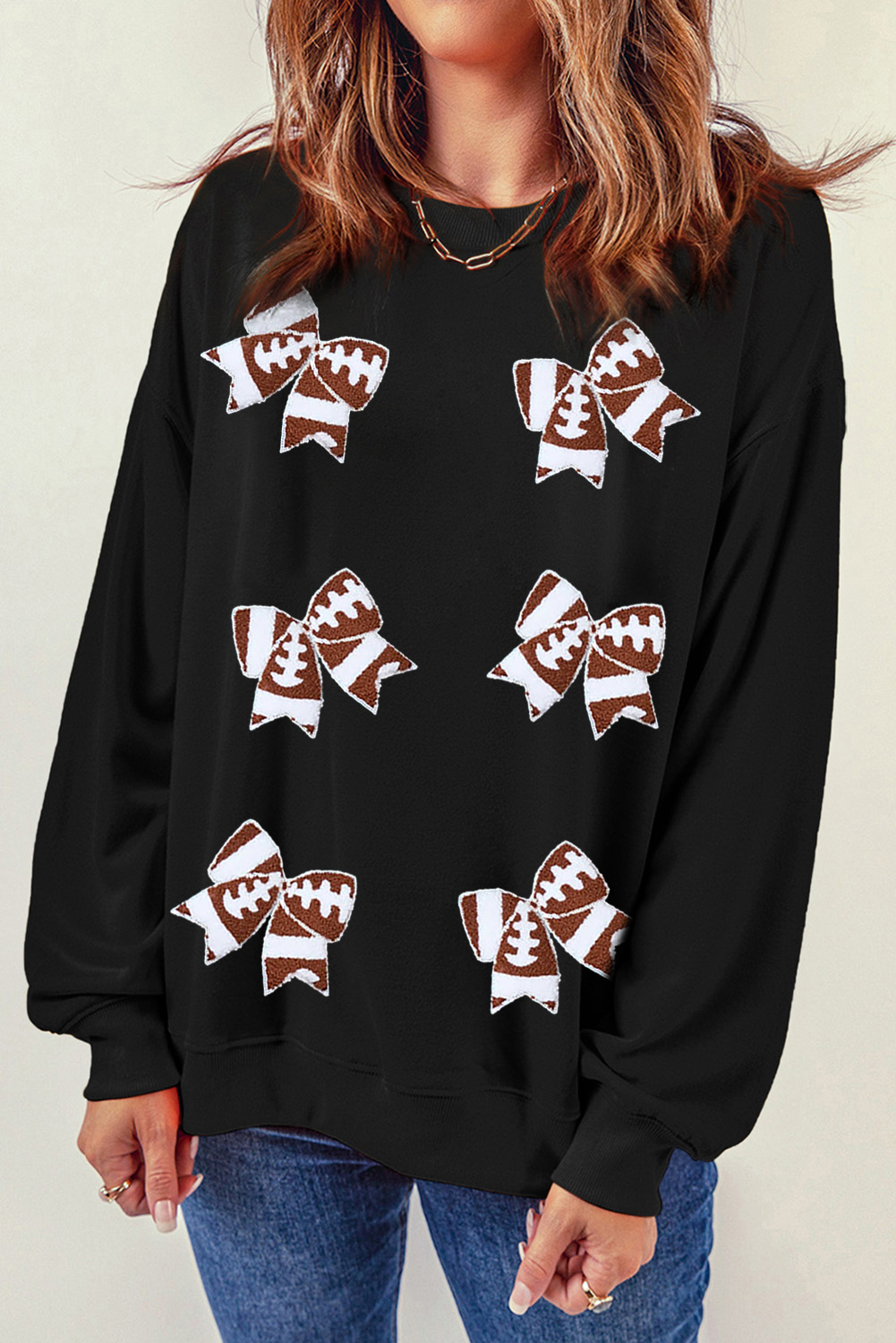 Spirited Game Day Sweatshirt with Bowknot Patch - Black Rugby Football Theme - Detail View 2 Spirited Game Day Sweatshirt with Bowknot Patch - Black Rugby Football Theme - Detail View 2