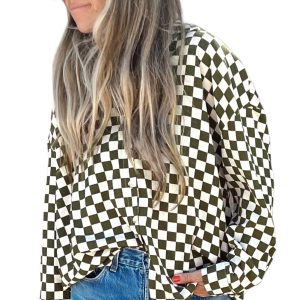 Women's Green Checkerboard Printed Drop Shoulder Casual Shirt - Main View
