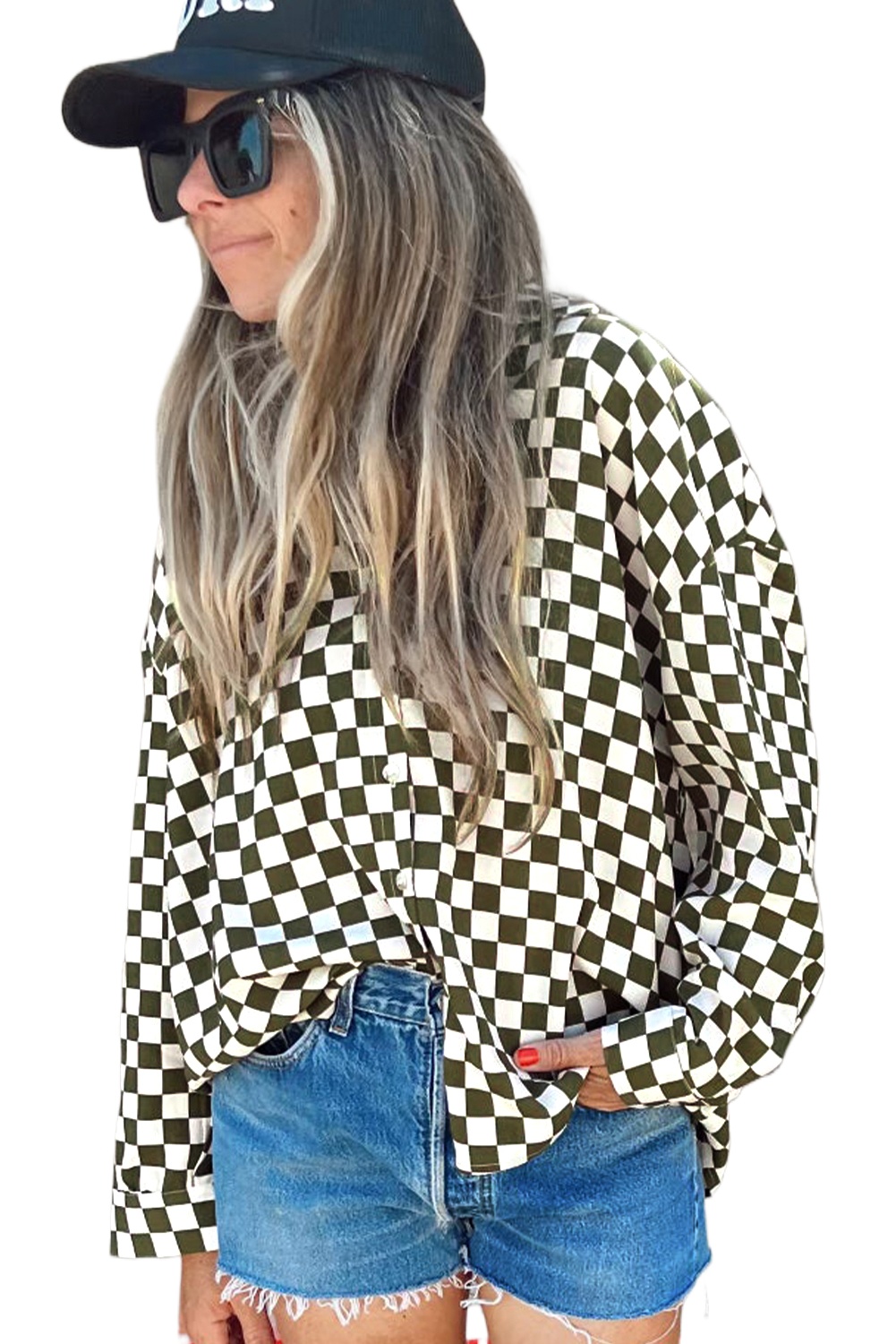 Women's Green Checkerboard Printed Drop Shoulder Casual Shirt - Main View Women's Green Checkerboard Printed Drop Shoulder Casual Shirt - Main View